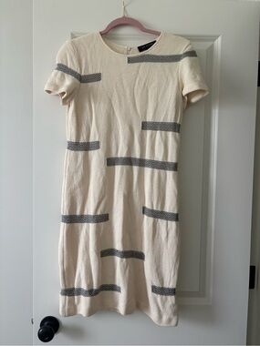 St. John Cream Short-Sleeve Knit Mini with Black Geometric Bands